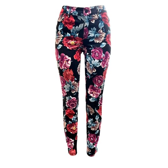 Chico's Denim - Chicos Floral Skinny Jeggings Pants Ankle Black Red Vibrant Roses Stretch Size 4